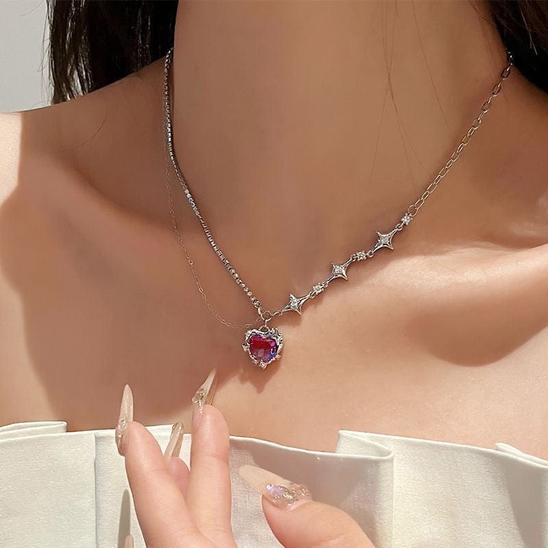 Dainty Layered CZ Inlaid Purple Crystal Heart Pendant Star Chain Necklace - ArtGalleryZen