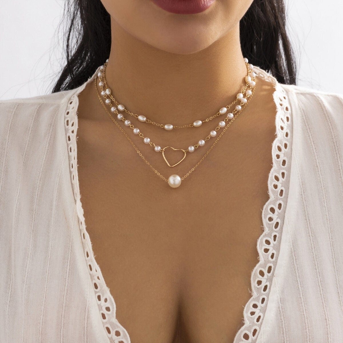 Chic Layered Hollow Heart Charm Pearl Chain Choker Necklace Set - ArtGalleryZen
