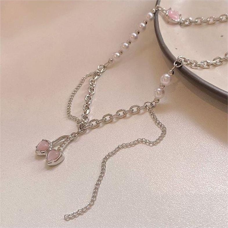 Chic Layered Pearl Charm Pink Cherry Pendant Necklace - ArtGalleryZen