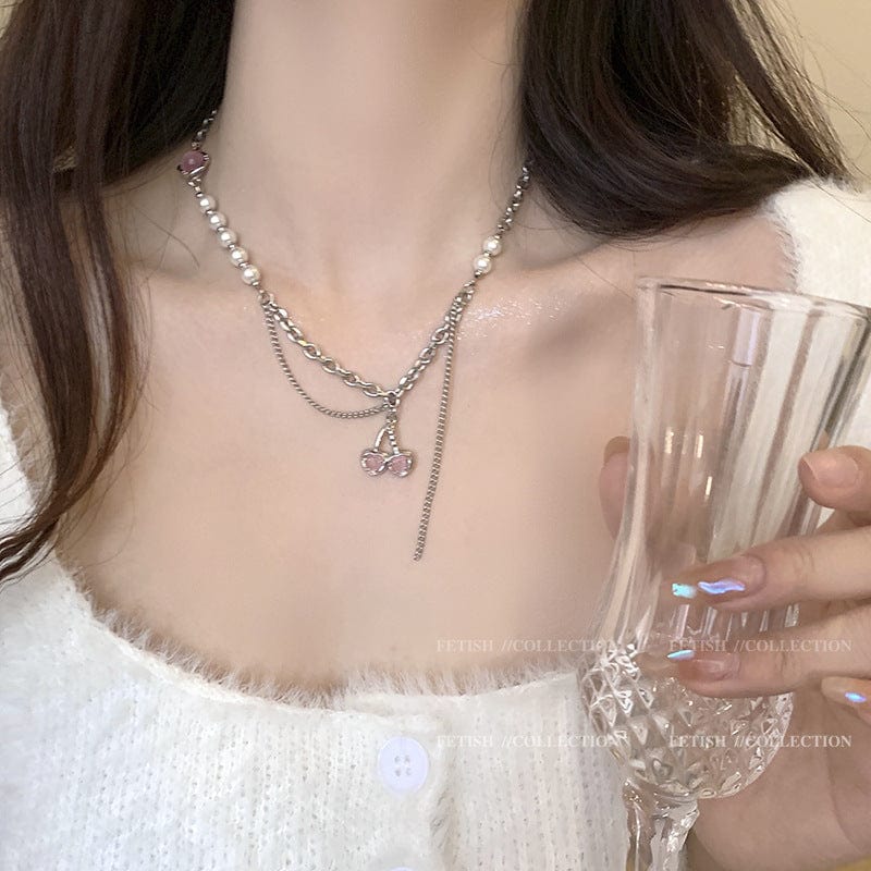 Chic Layered Pearl Charm Pink Cherry Pendant Necklace - ArtGalleryZen