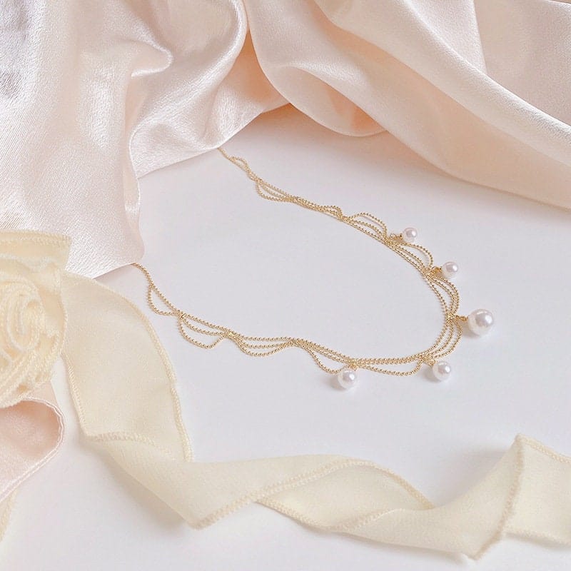 Chic Layered Pearl Tassel Ball Chain Choker Necklace - ArtGalleryZen