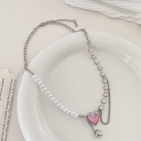 Thumbnail for Chic Layered Pink Heart Pendant Cubic Zirconia Pearl Chain Necklace - ArtGalleryZen