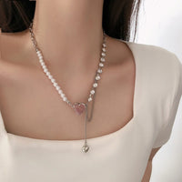 Thumbnail for Chic Layered Pink Heart Pendant Cubic Zirconia Pearl Chain Necklace - ArtGalleryZen