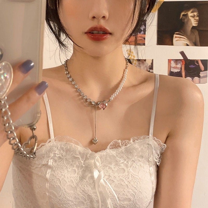 Chic Layered Pink Heart Pendant Cubic Zirconia Pearl Chain Necklace - ArtGalleryZen