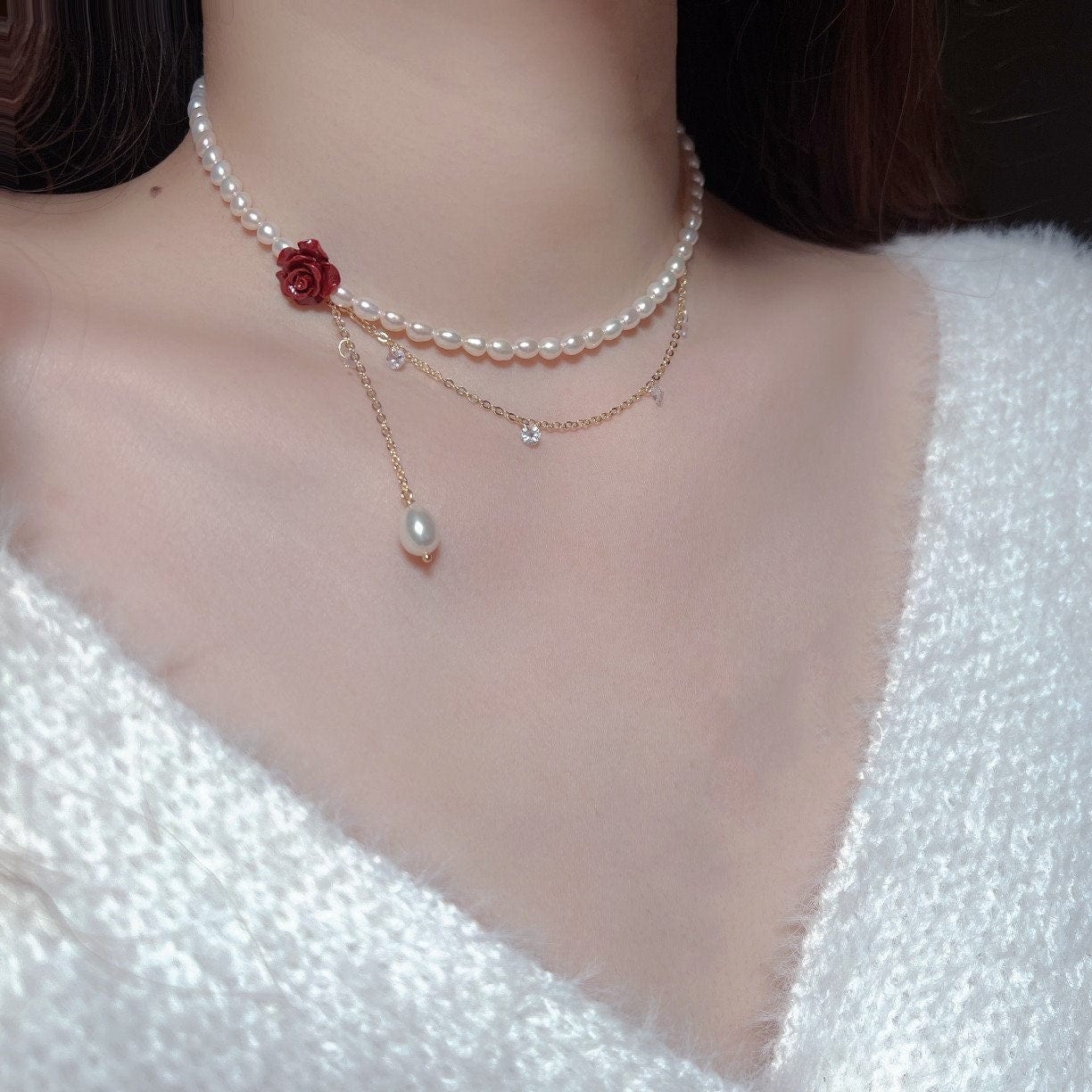 Chic Layered Rhinestone Tassel Rose Pearl Chain Choker Necklace - ArtGalleryZen