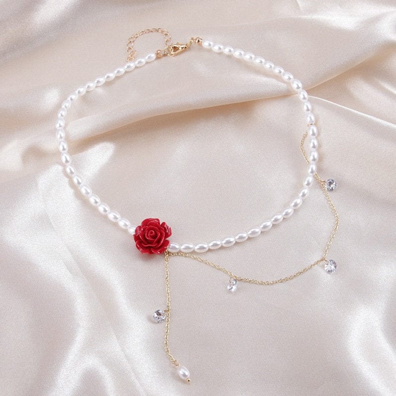 Chic Layered Rhinestone Tassel Rose Pearl Chain Choker Necklace - ArtGalleryZen