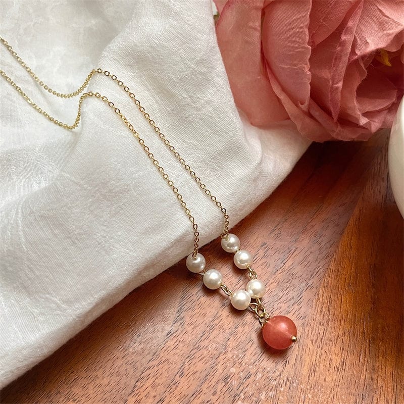 Chic Natural Stone Peach Pendant Pearl Chain Necklace - ArtGalleryZen