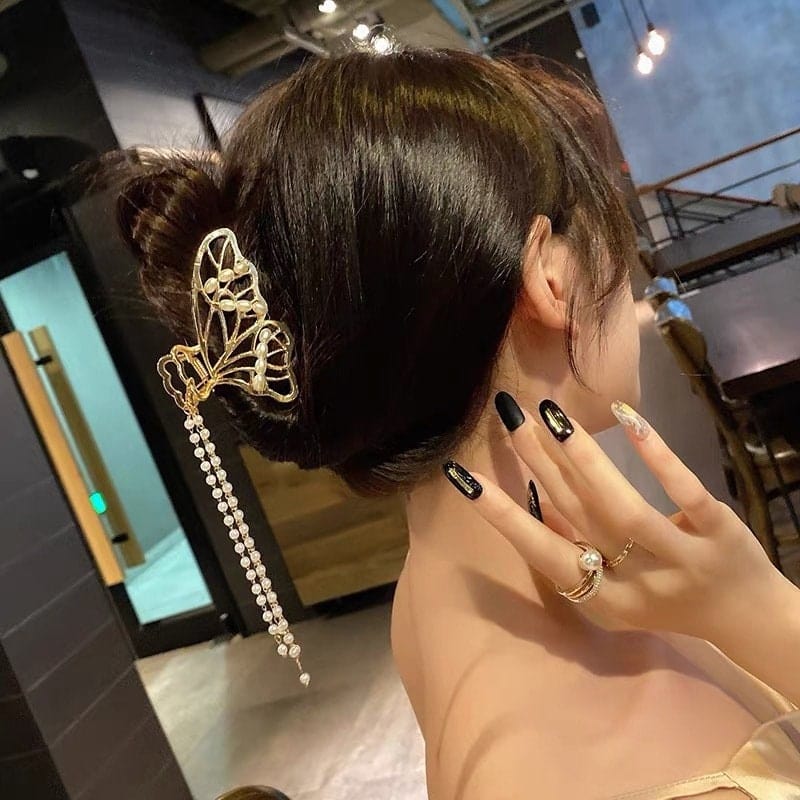 Chic Pearl Chain Tassel Butterfly Chignon Claw Clip Hair Clip - ArtGalleryZen