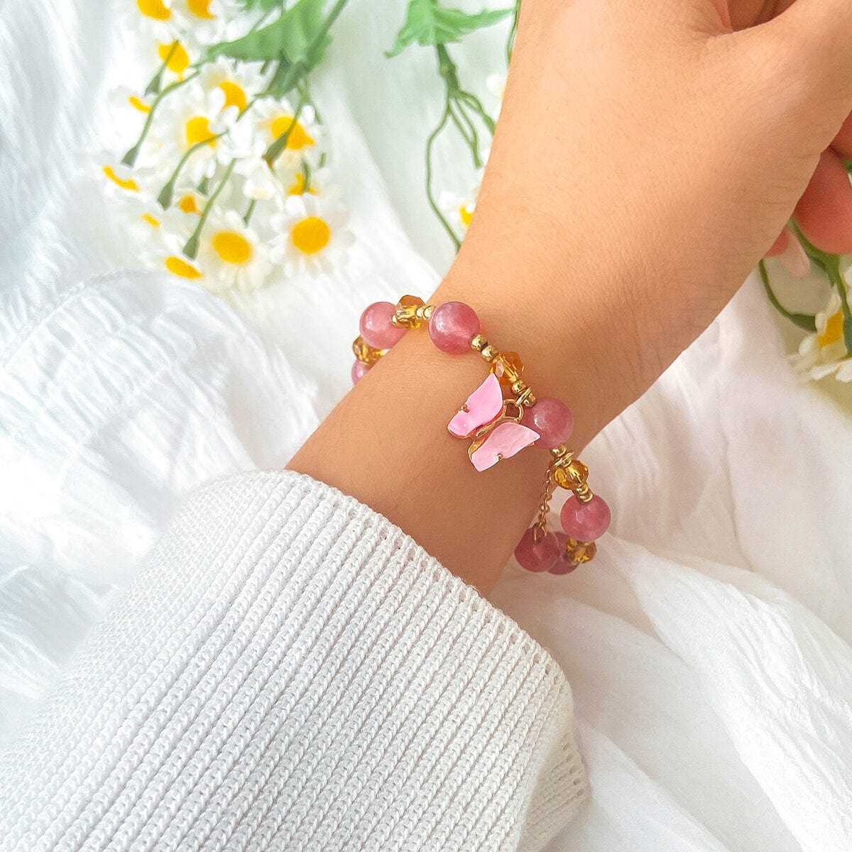 Chic Pink Butterfly Charm Natural Crystal Ball Chain Bracelet - ArtGalleryZen