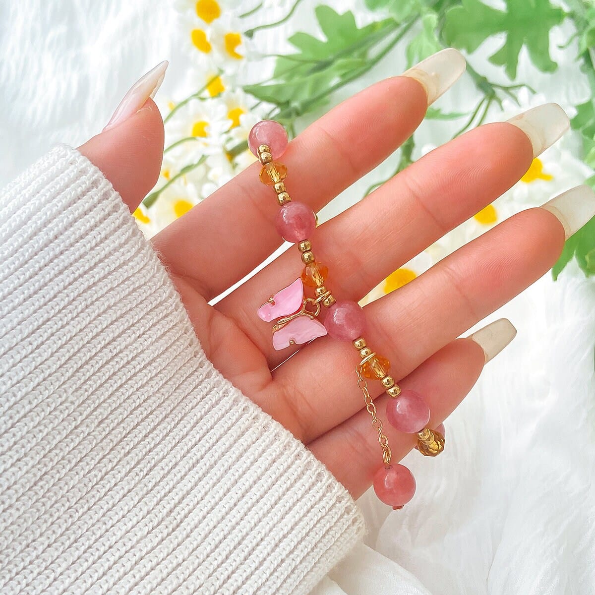Dainty Butterfly Zircon Cluster Pendant Baby Pink String Bracelet - Jewenoir