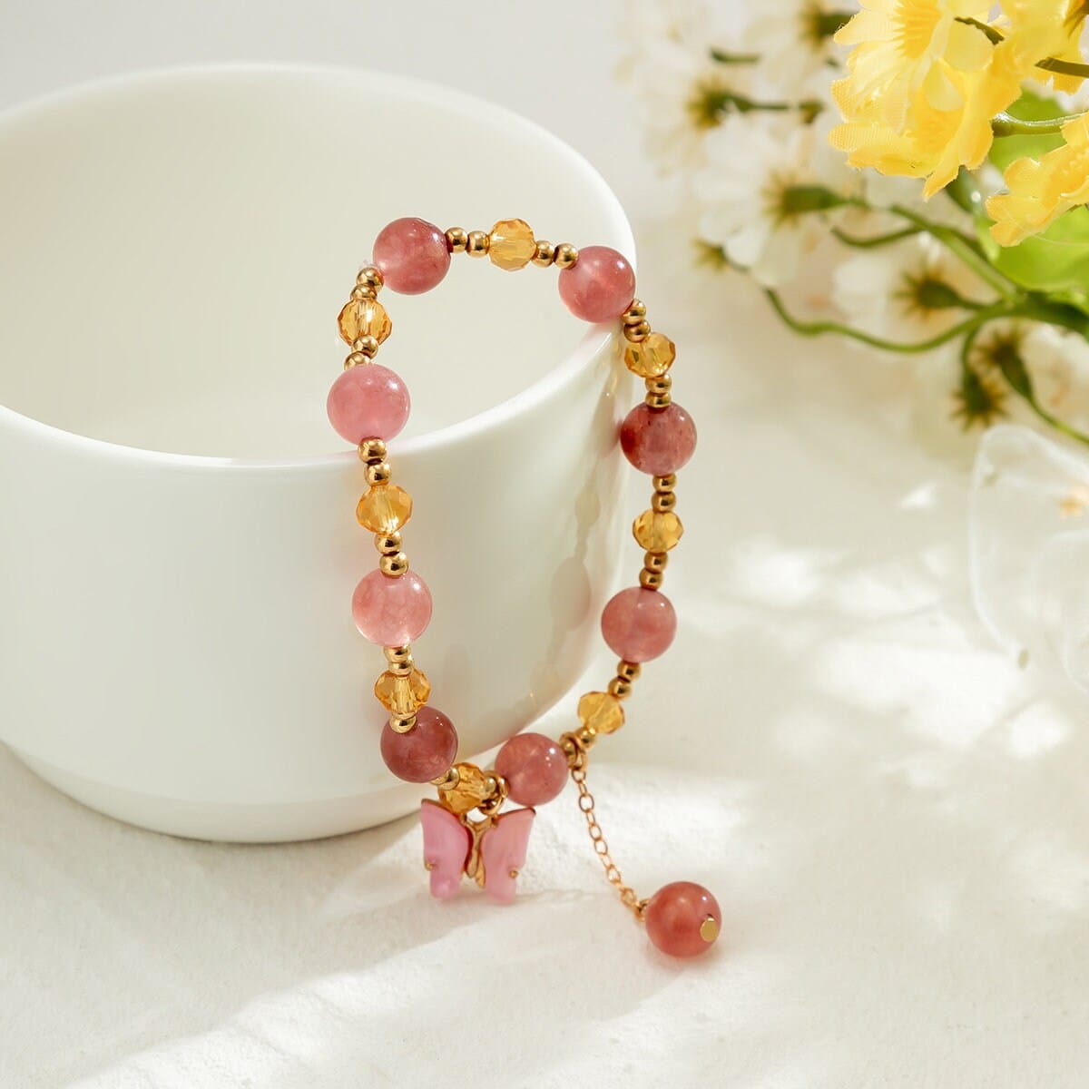 Chic Pink Butterfly Charm Natural Crystal Ball Chain Bracelet - ArtGalleryZen