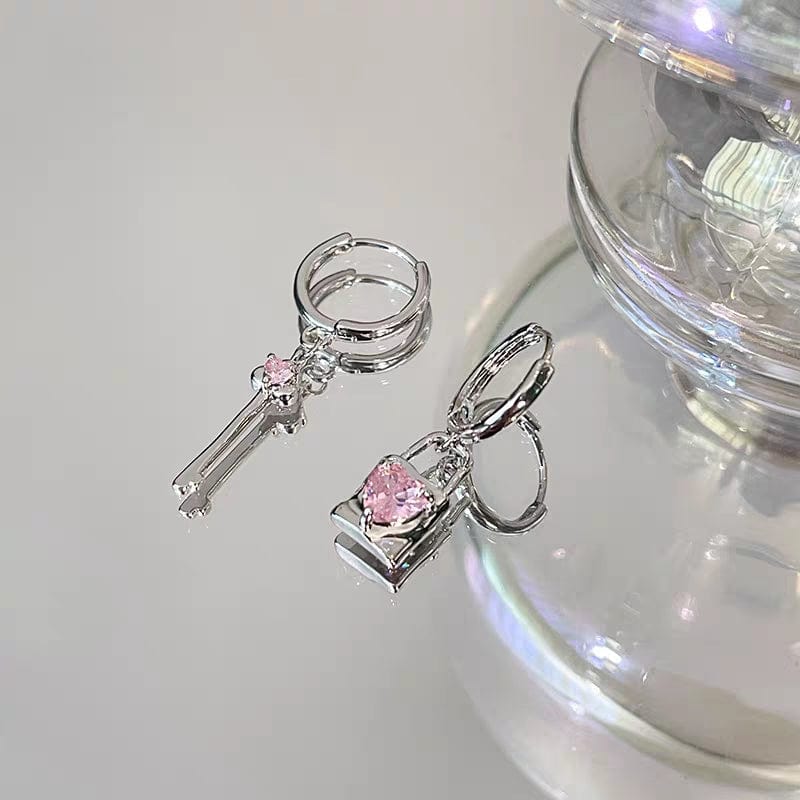 Chic Pink Crystal Heart Dangling Key Lock Huggie Hoop Earrings - ArtGalleryZen