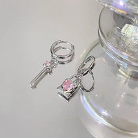 Thumbnail for Chic Pink Crystal Heart Dangling Key Lock Huggie Hoop Earrings - ArtGalleryZen
