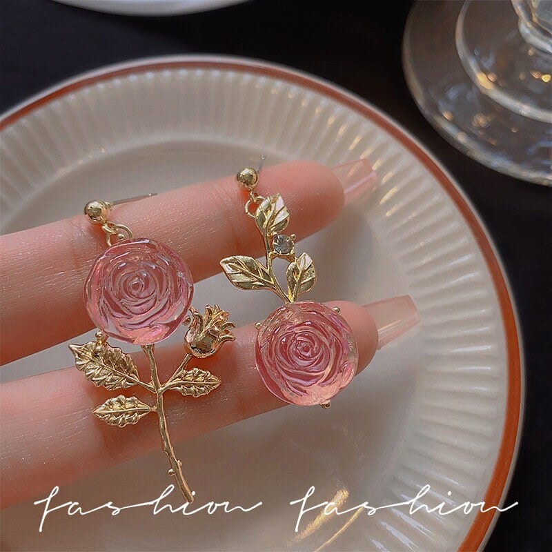 Chic Pink Crystal Rose Earrings - ArtGalleryZen