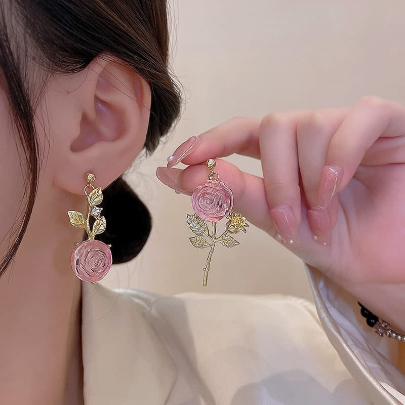 Chic Pink Crystal Rose Earrings - ArtGalleryZen
