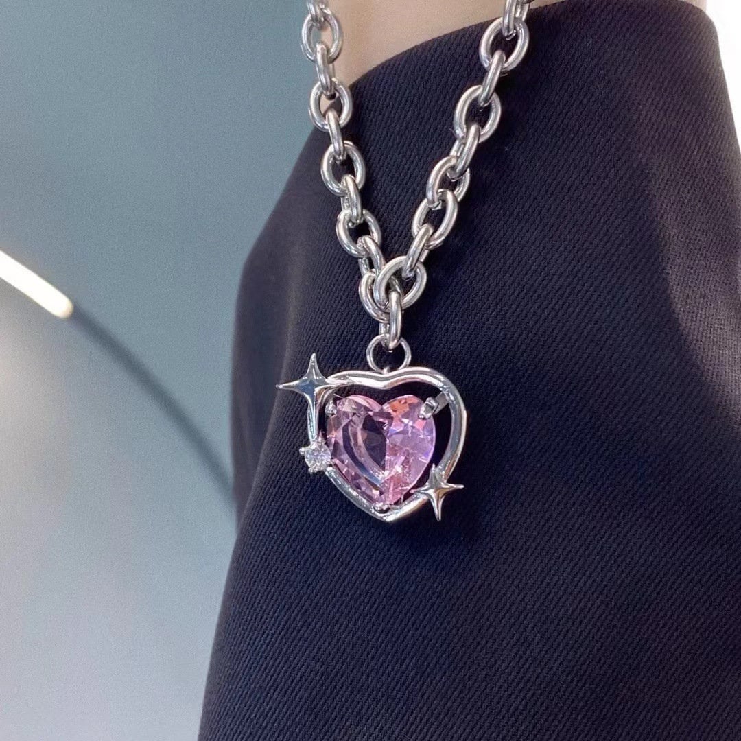 Chic Pink Rhinestone Heart Pendant Necklace - Cable Chain Jewelry ...