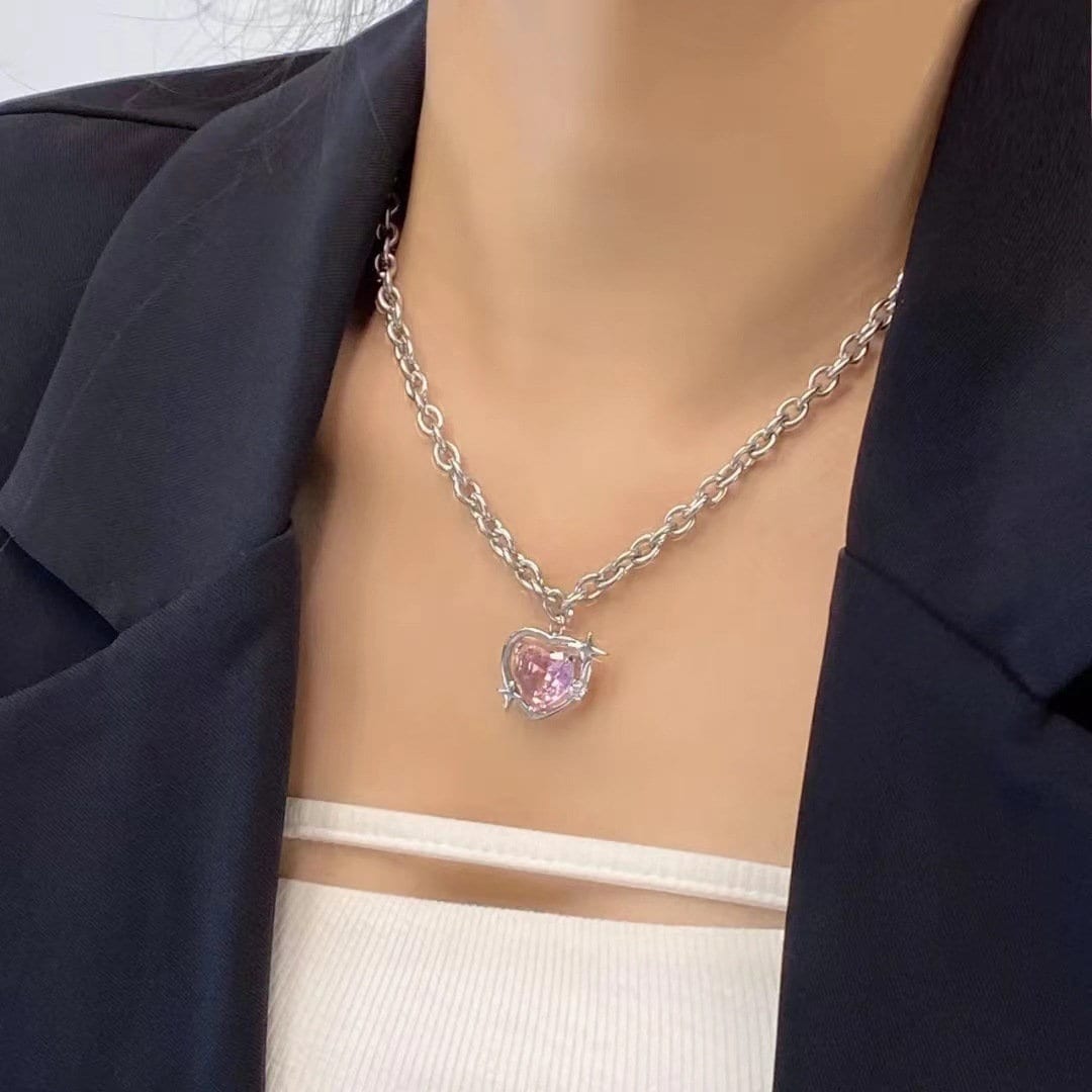 Chic Pink Rhinestone Heart Pendant Cable Chain Necklace - ArtGalleryZen