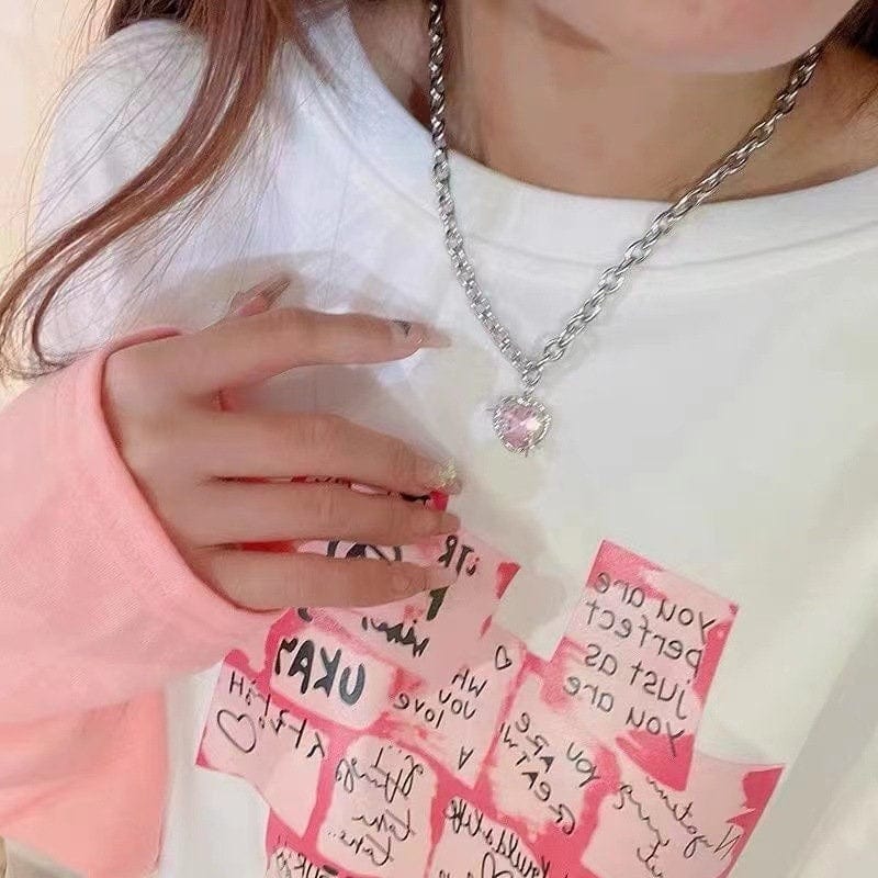 Chic Pink Rhinestone Heart Pendant Cable Chain Necklace - ArtGalleryZen