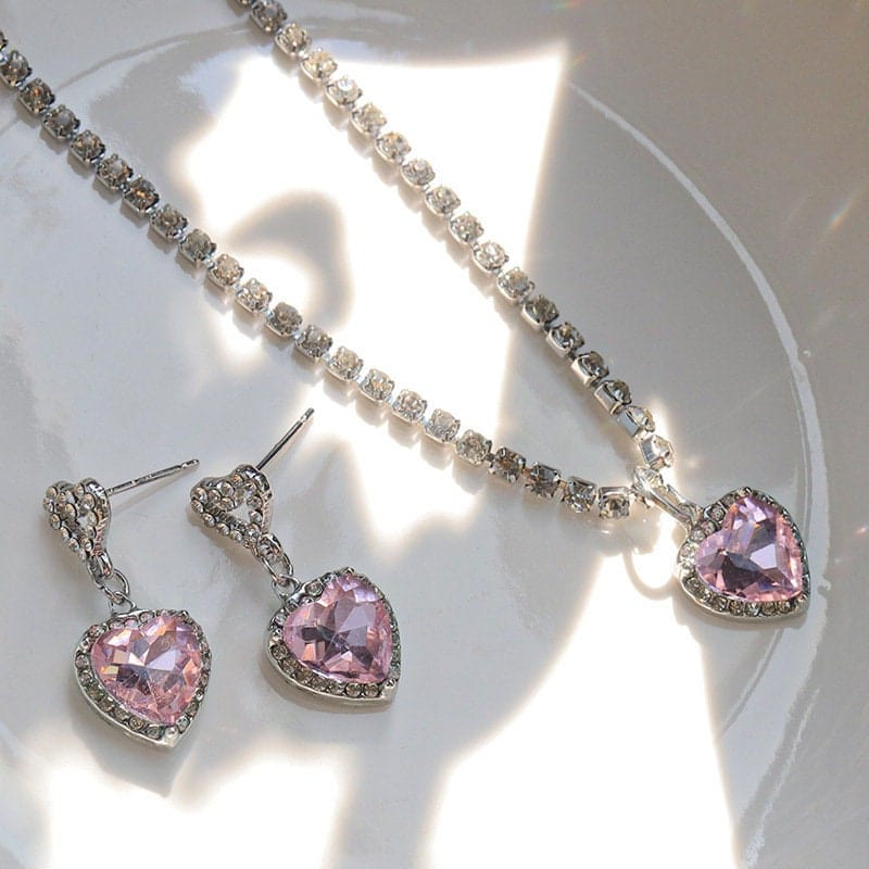 Chic Pink Rhinestone Heart Pendant Cubic Zirconia Chain Necklace Dangle Earrings Set - ArtGalleryZen