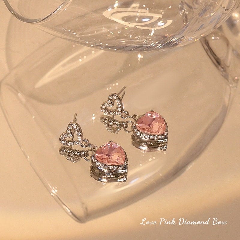 Chic Pink Rhinestone Heart Pendant Cubic Zirconia Chain Necklace Dangle Earrings Set - ArtGalleryZen