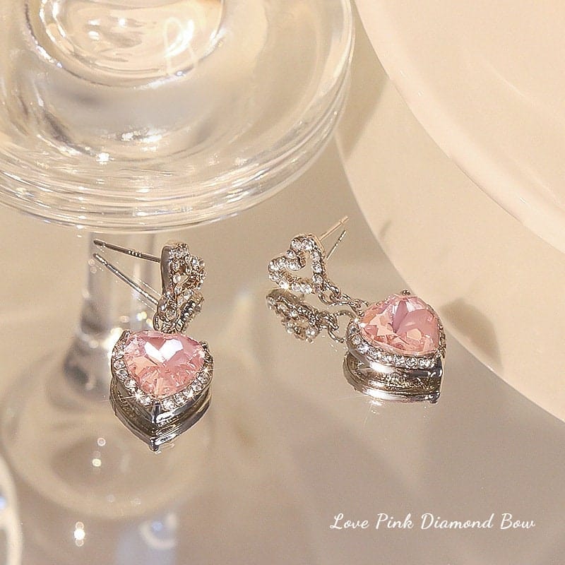 Chic Pink Rhinestone Heart Pendant Cubic Zirconia Chain Necklace Dangle Earrings Set - ArtGalleryZen