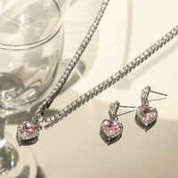 Thumbnail for Chic Pink Rhinestone Heart Pendant Cubic Zirconia Chain Necklace Dangle Earrings Set - ArtGalleryZen