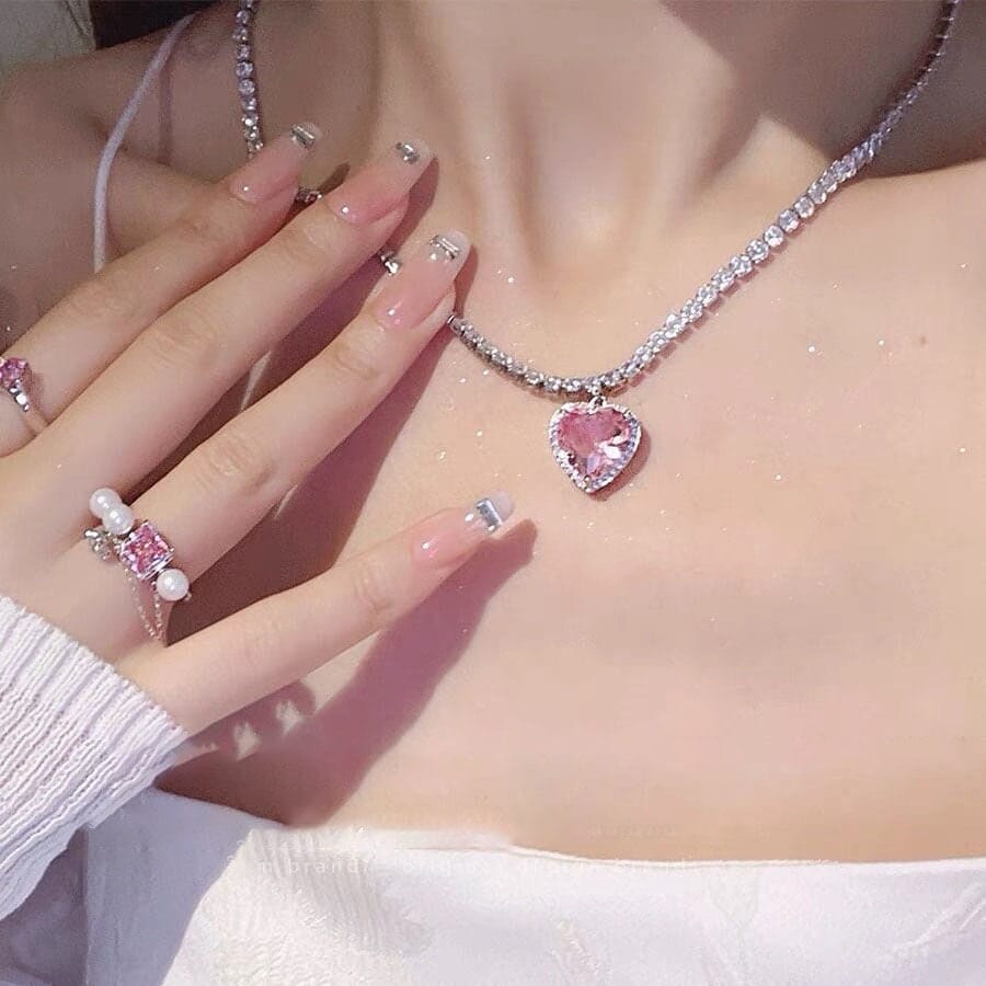 Chic Pink Rhinestone Heart Pendant Cubic Zirconia Chain Necklace Dangle Earrings Set - ArtGalleryZen