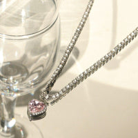 Thumbnail for Chic Pink Rhinestone Heart Pendant Cubic Zirconia Chain Necklace Dangle Earrings Set - ArtGalleryZen