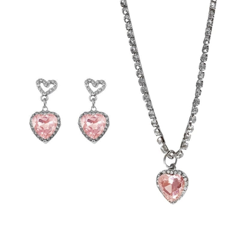 Chic Pink Rhinestone Heart Pendant Cubic Zirconia Chain Necklace Dangle Earrings Set - ArtGalleryZen
