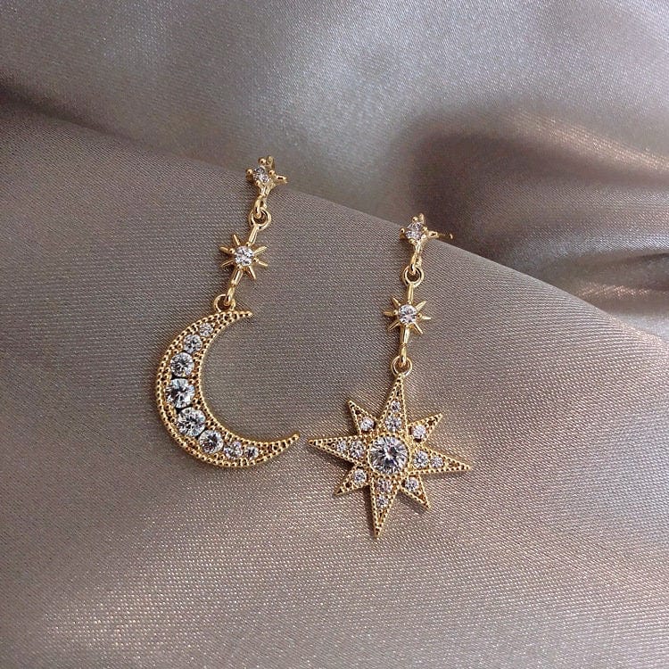 Chic Rhinestone Inlaid Moon Star Dangle Earrings - ArtGalleryZen