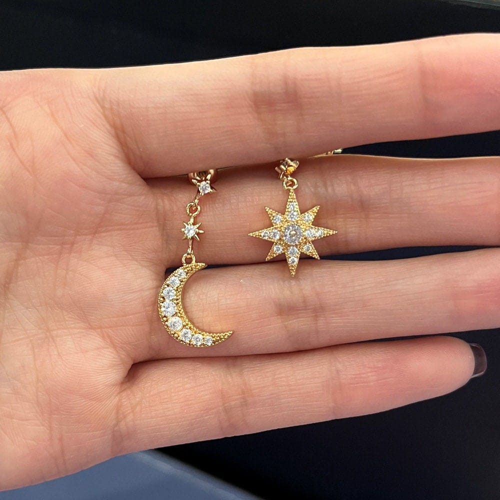 Chic Rhinestone Inlaid Moon Star Dangle Earrings - ArtGalleryZen