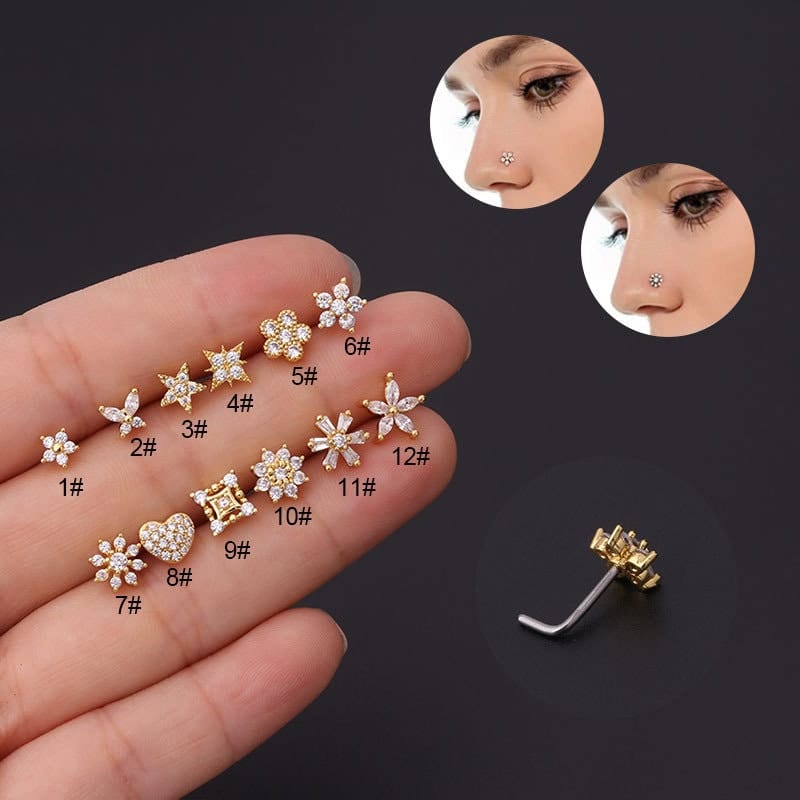 Chic Stainless Steel CZ Inlaid Floral Butterfly Heart Star Nose Piercing Nose Stud - ArtGalleryZen