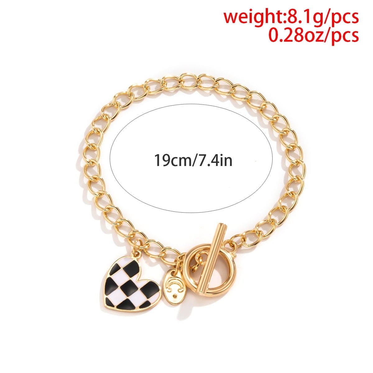 Chic Toggle Clasp Checkered Heart Charm Curb Chain Bracelet - ArtGalleryZen
