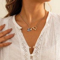 Thumbnail for Chic Toggle Clasp Checkered Heart Pendant Curb Chain Necklace - ArtGalleryZen