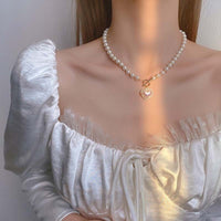 Thumbnail for Chic Toggle Clasp Heart Pendant Pearl Chain Choker Necklace - ArtGalleryZen