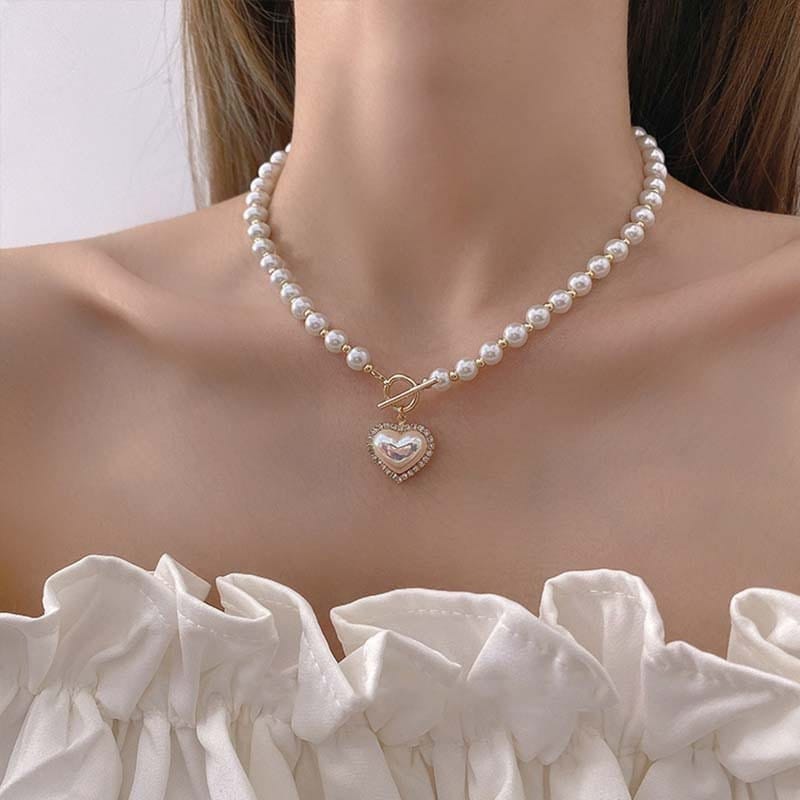 Chic Toggle Clasp Heart Pendant Pearl Chain Choker Necklace - ArtGalleryZen
