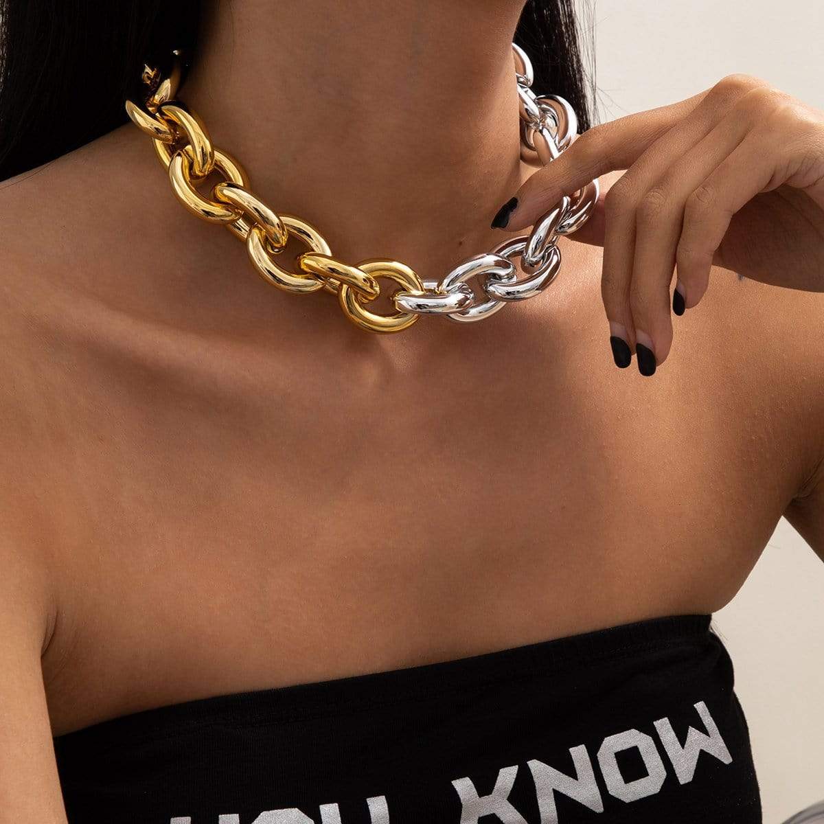 Chunky Two Tone Oval Link Chain Choker Necklace - ArtGalleryZen