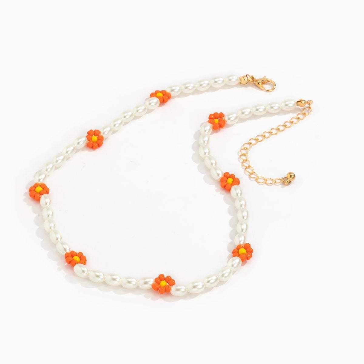 Colorful Daisy Flower Oval Pearl Chain Choker Necklace - ArtGalleryZen