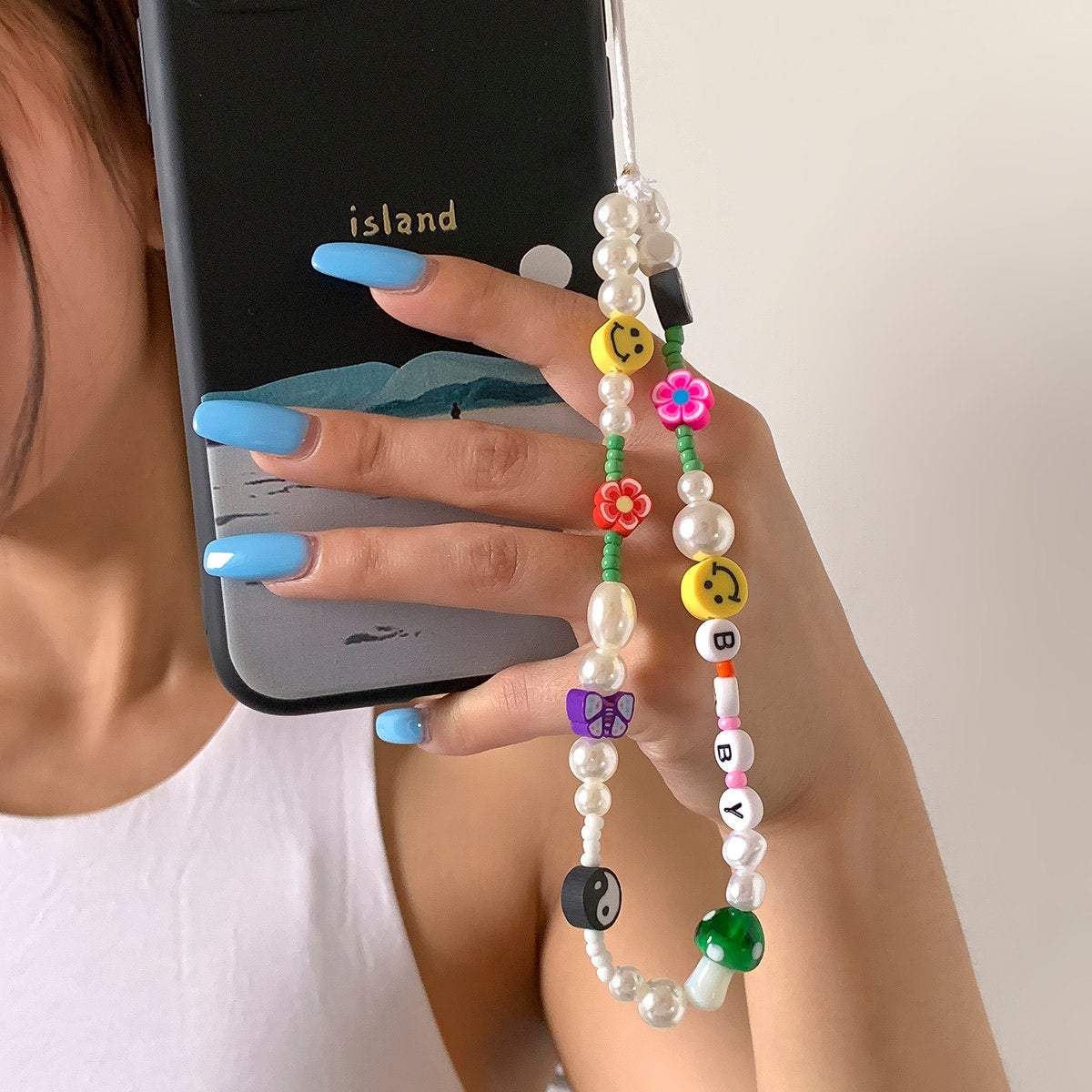 Colorful Seed Beaded Pearl Floral Yin Yang Smile Face BABY Charm Phone Strap - ArtGalleryZen