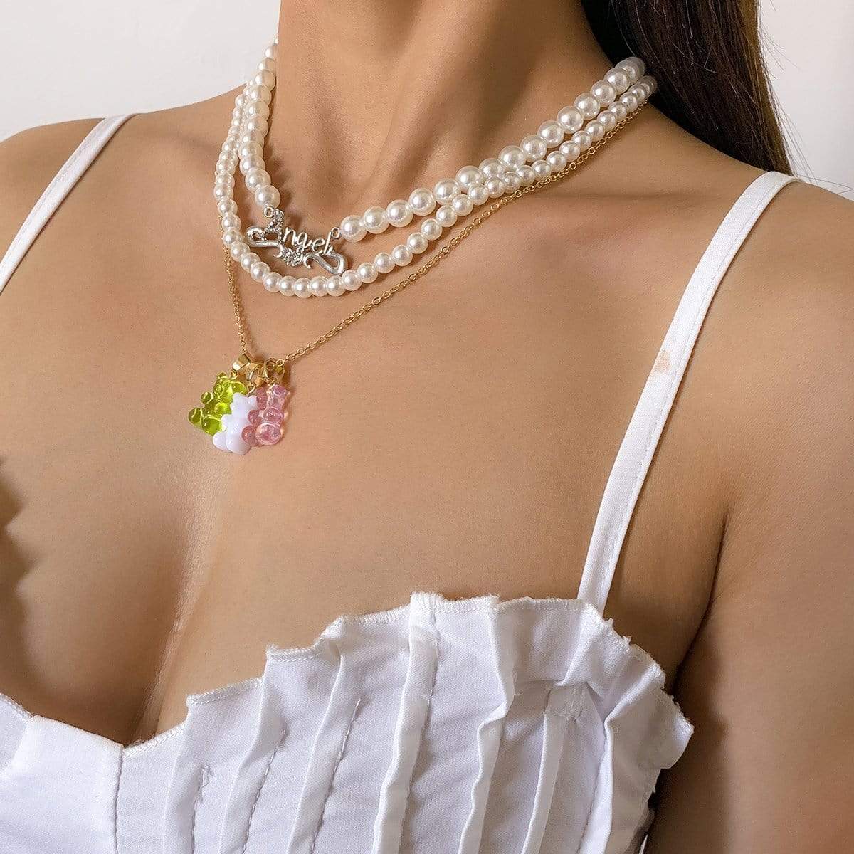 Crystal Inlaid Angel Heart Candy Bear Pendant Curb Link Pearl Chain Choker Necklace Set - ArtGalleryZen