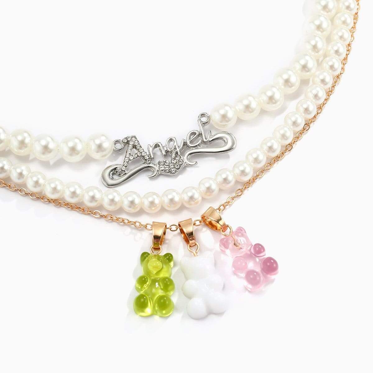 Crystal Inlaid Angel Heart Candy Bear Pendant Curb Link Pearl Chain Choker Necklace Set - ArtGalleryZen