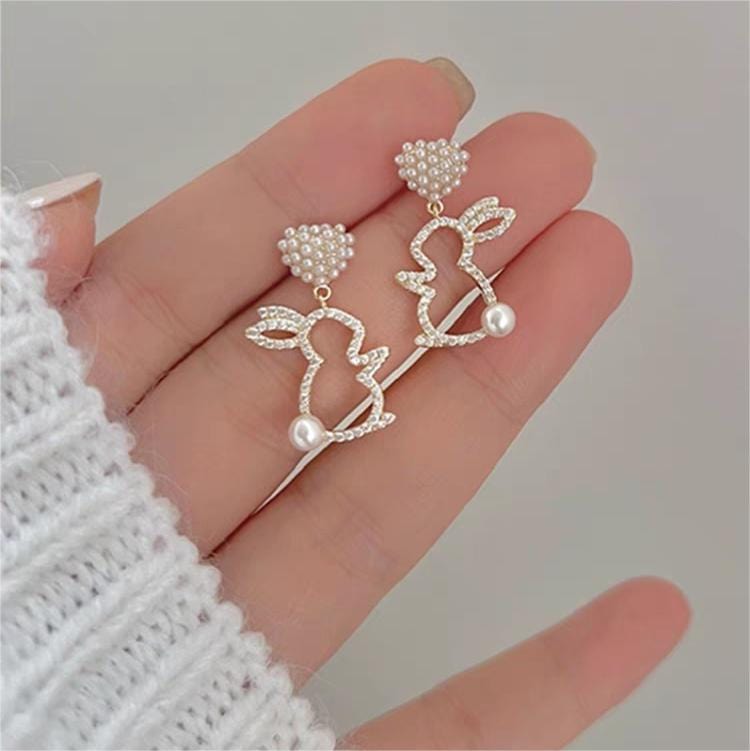Cute CZ Inlaid Dangling Pearl Heart Rabbit Earrings - ArtGalleryZen