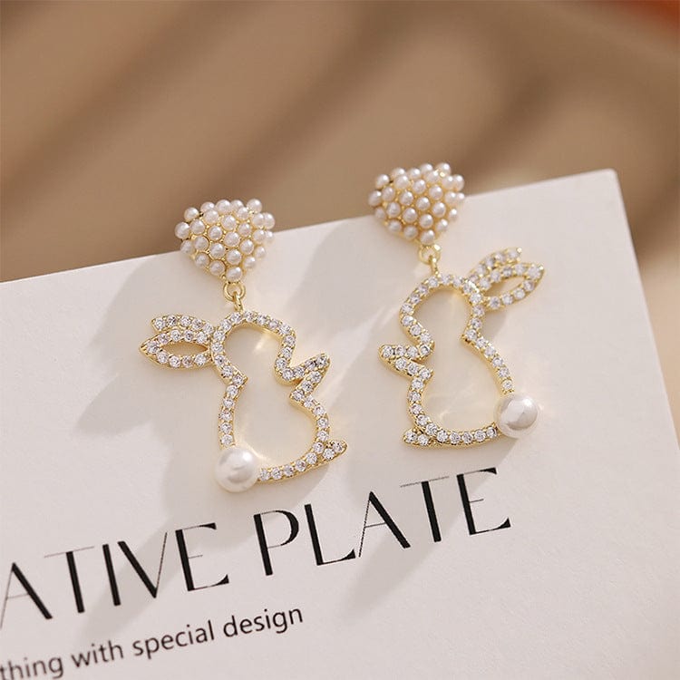 Cute CZ Inlaid Dangling Pearl Heart Rabbit Earrings - ArtGalleryZen