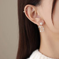 Thumbnail for Cute CZ Inlaid Dangling Pearl Heart Rabbit Earrings - ArtGalleryZen
