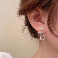 Thumbnail for Cute CZ Inlaid Dangling Pearl Heart Rabbit Earrings - ArtGalleryZen