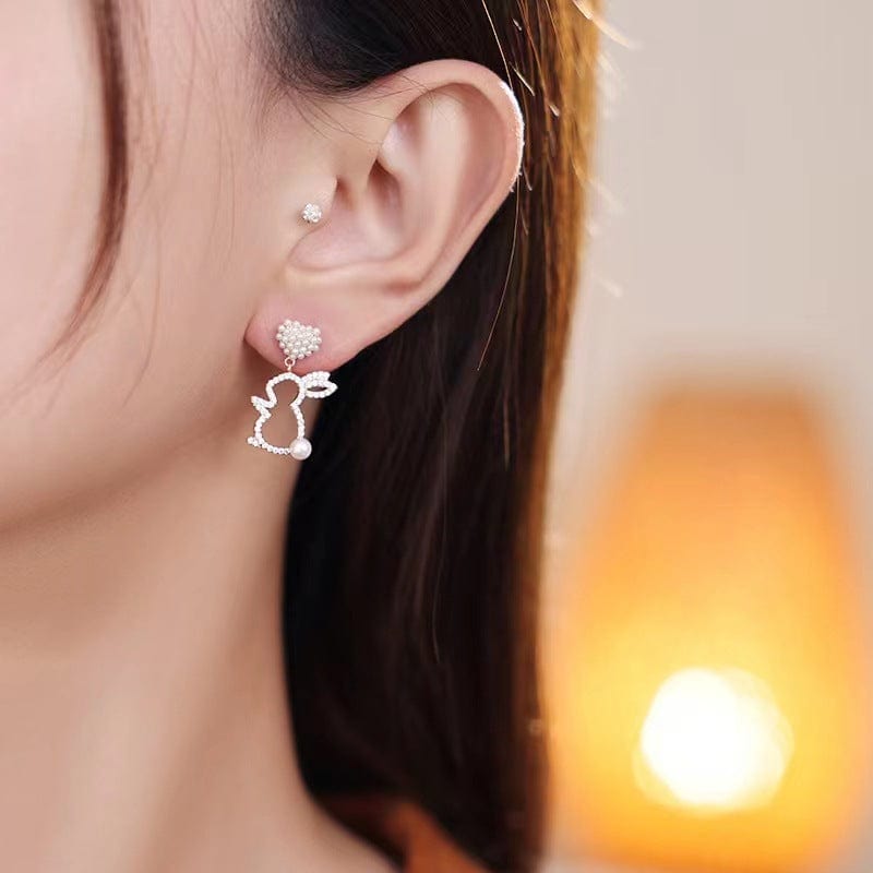 Cute CZ Inlaid Dangling Pearl Heart Rabbit Earrings - ArtGalleryZen