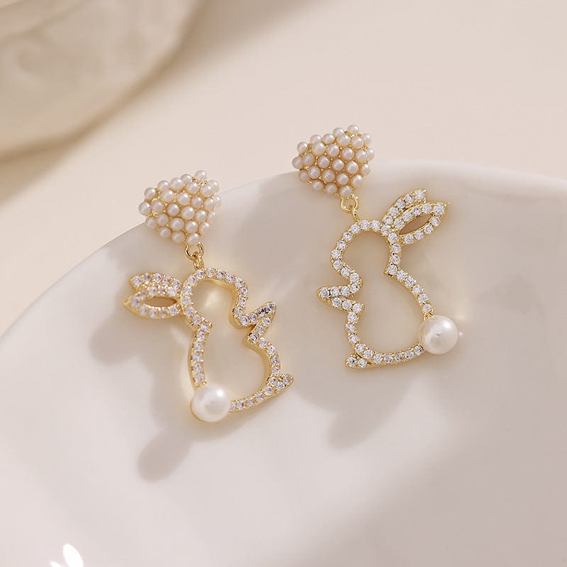 Cute CZ Inlaid Dangling Pearl Heart Rabbit Earrings - ArtGalleryZen