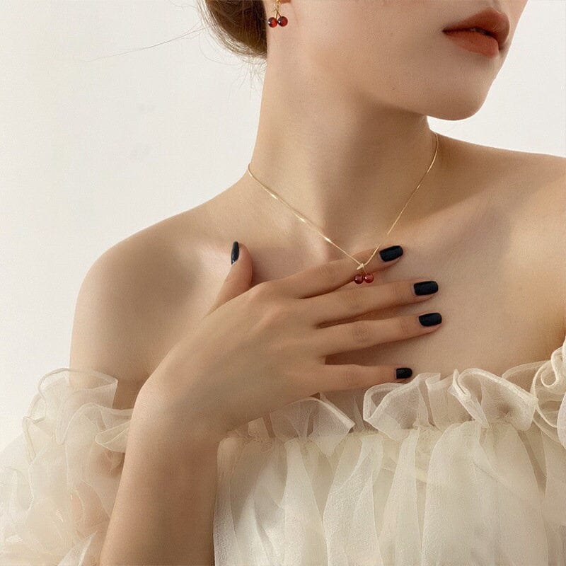 Dainty 18K Gold Filled CZ Inlaid Crystal Cherry Pendant Necklace Earrings Set - ArtGalleryZen