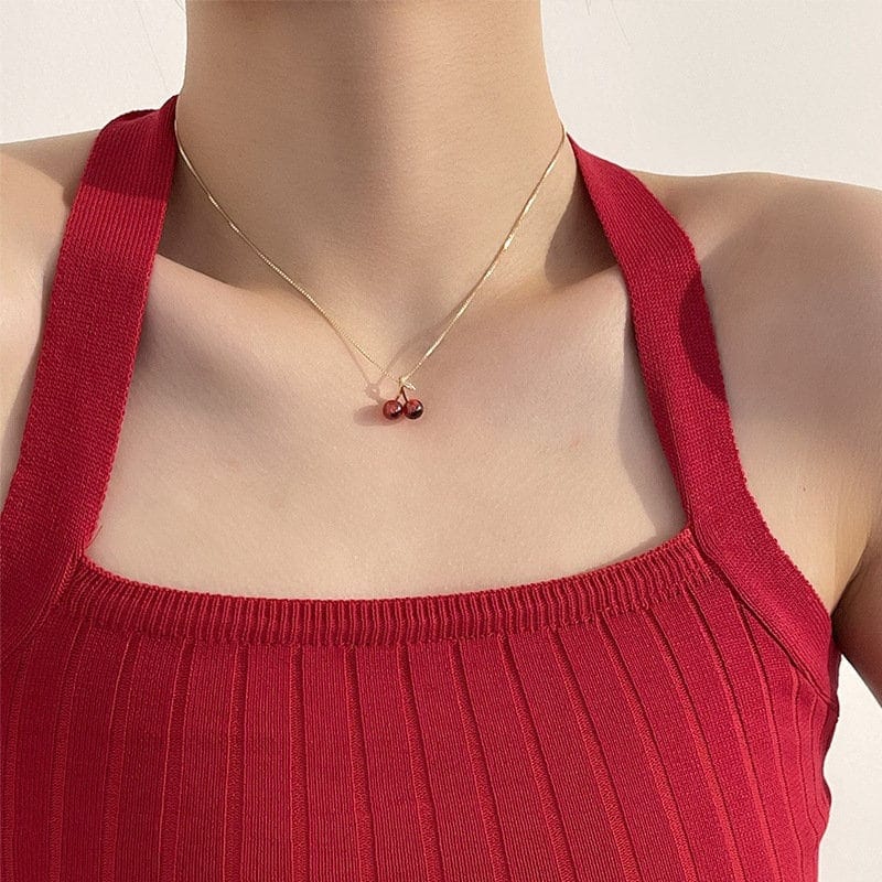 Dainty 18K Gold Filled CZ Inlaid Crystal Cherry Pendant Necklace Earrings Set - ArtGalleryZen