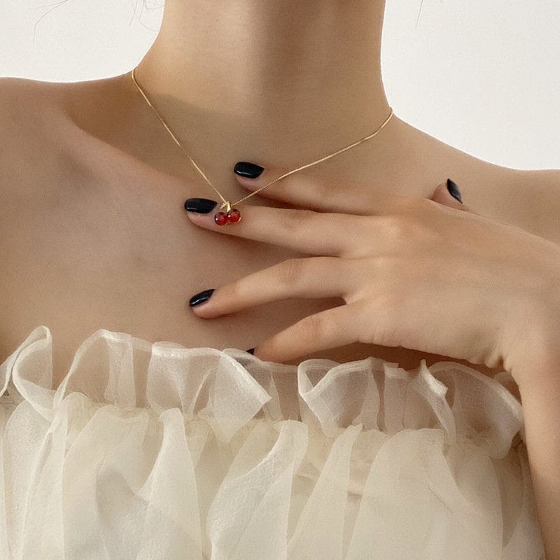 Dainty 18K Gold Filled CZ Inlaid Crystal Cherry Pendant Necklace Earrings Set - ArtGalleryZen